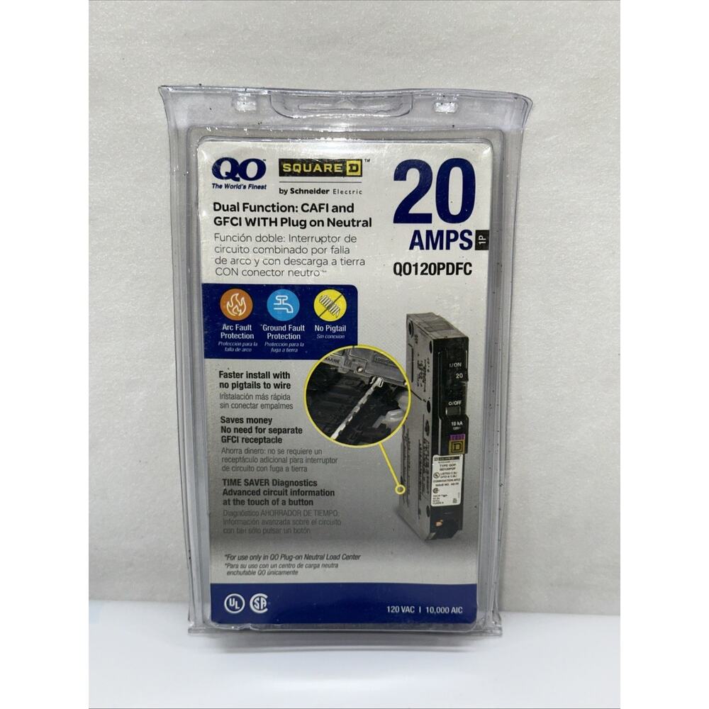Square D QO120PDFC QO Plug-On Neutral 20 Amp Single-Pole Dual Function afci/gfci